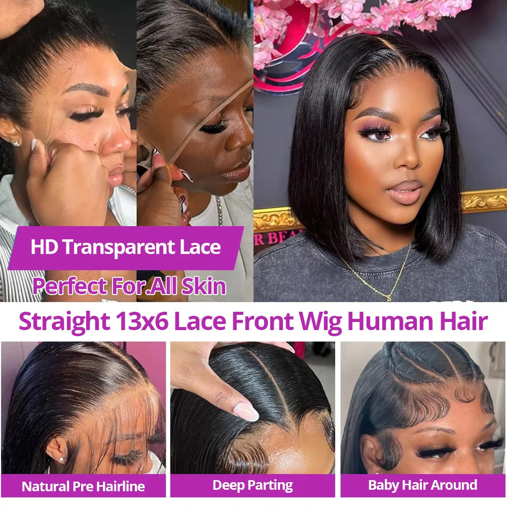 Glueless Lace Front Human Hair Wig - Short Bob Wig Remy Straight Natural
