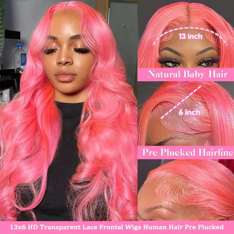 38" Body Wave Human Hair Wigs Lace Front Pink Wig  Wigs - Brazilian