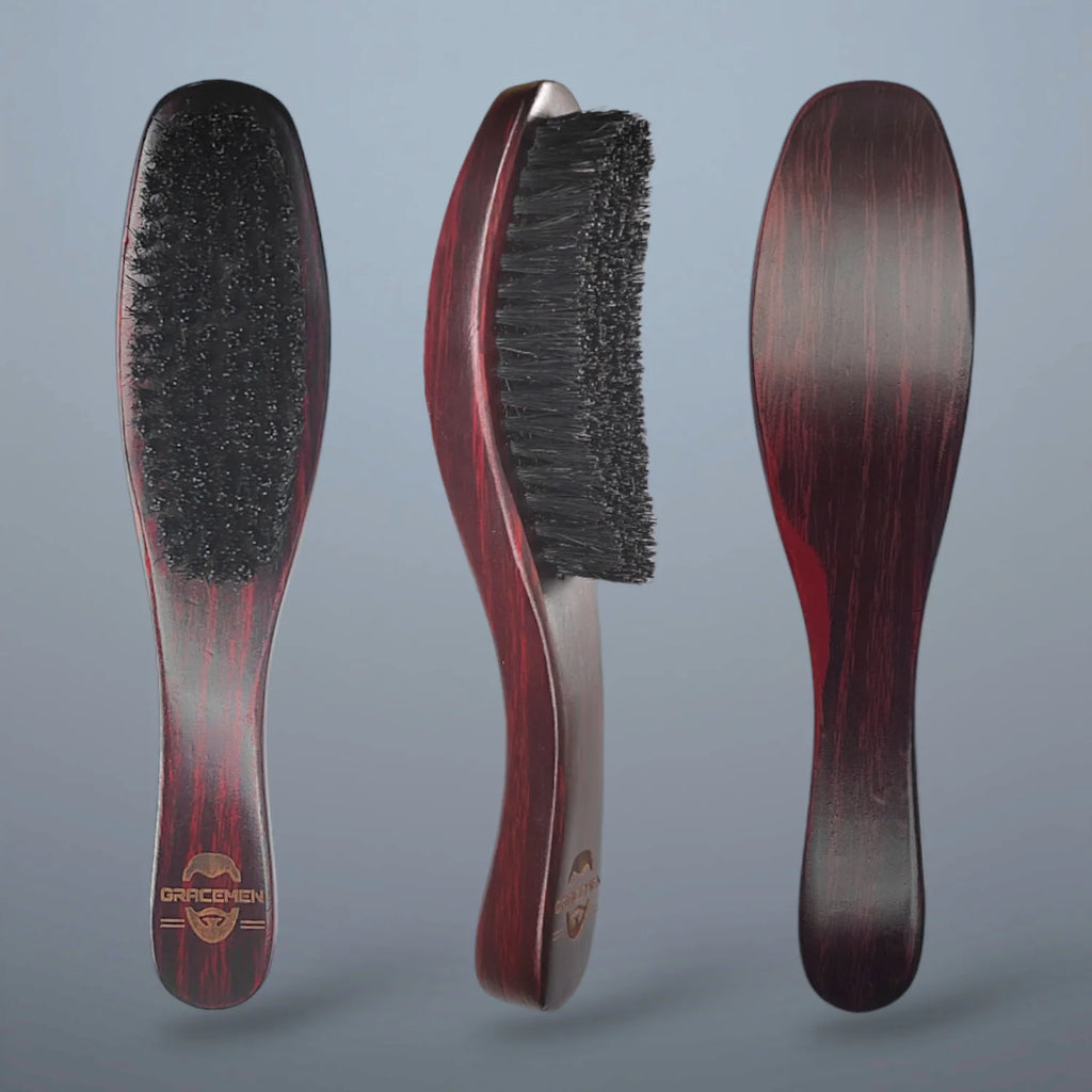 Hair and Beard Brush - Curved Wooden Handle (Medium Stiffness Nylon Boar Bristles)