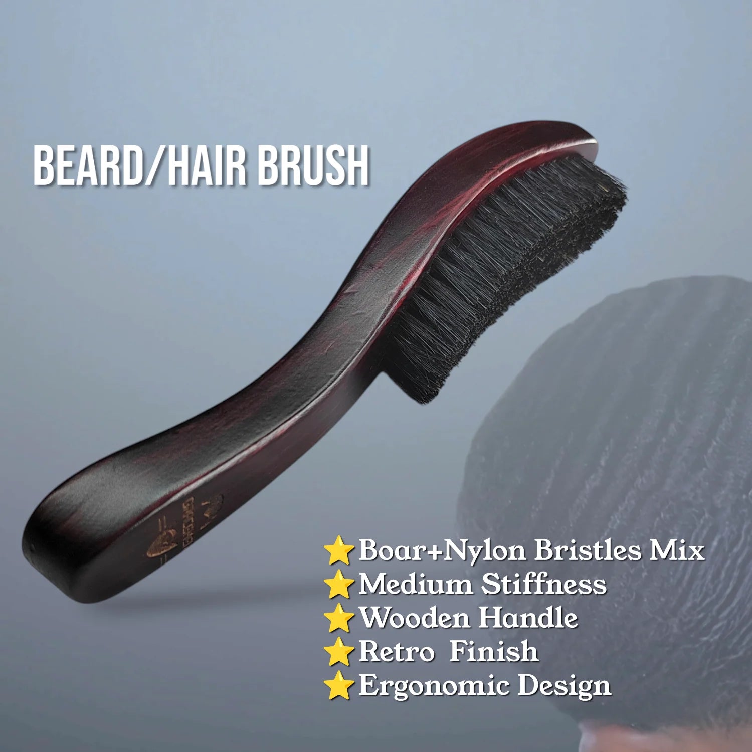 Hair and Beard Brush - Curved Wooden Handle (Medium Stiffness Nylon Boar Bristles)