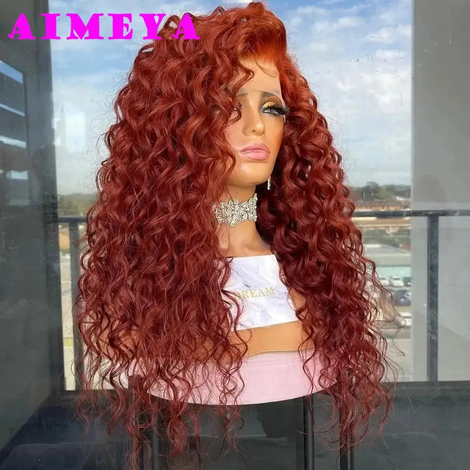 Copper Red Synthetic Lace Front Curly Wig - Long Deep Wave