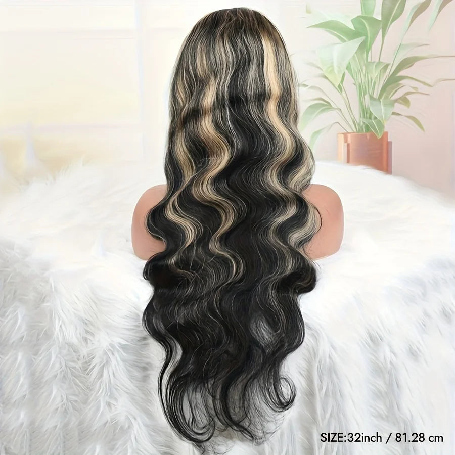 Transparent Lace Frontal Body Wave Human Hair Wig - Brown Stripe Highlights Closure Lace