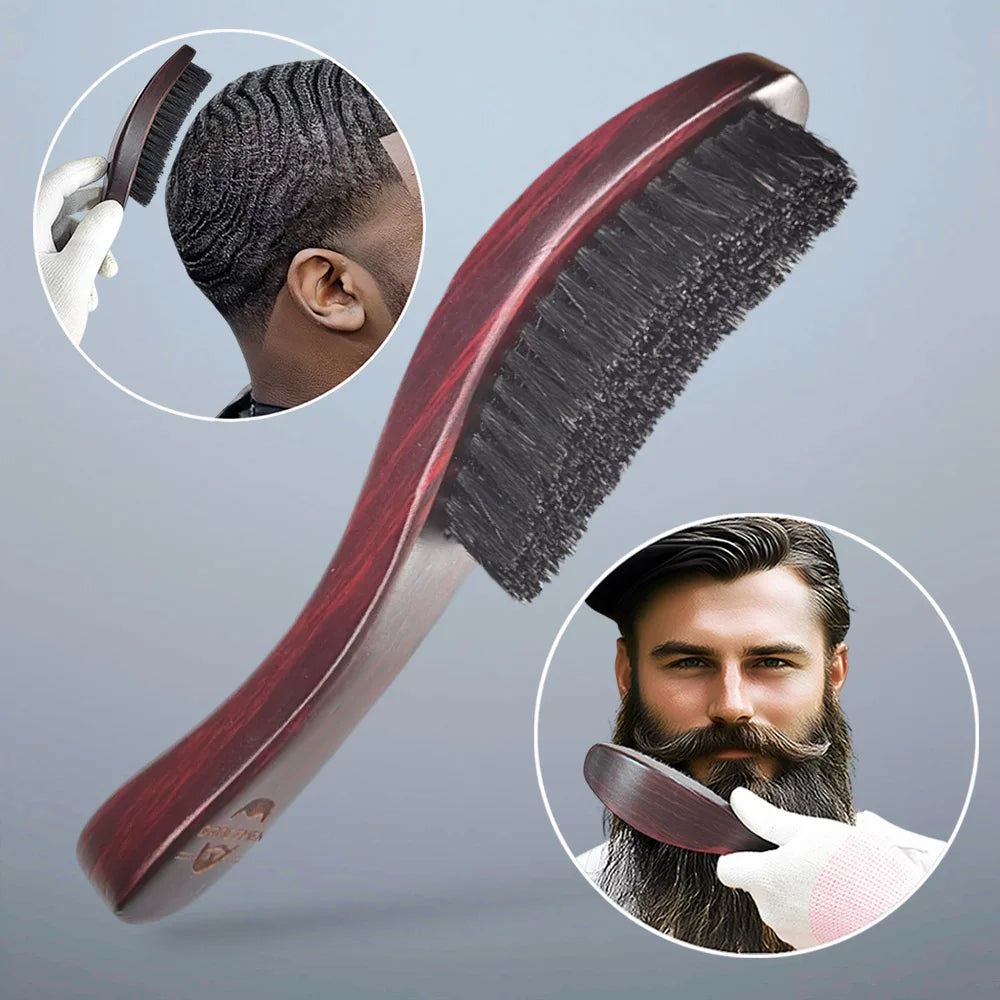 Hair and Beard Brush - Curved Wooden Handle (Medium Stiffness Nylon Boar Bristles)