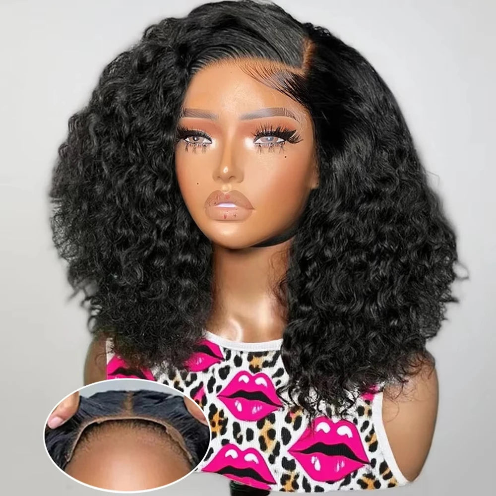 Kinky Curly Glueless Braided Deep Wave Lace Front Bob Wig - 100% Human Hair
