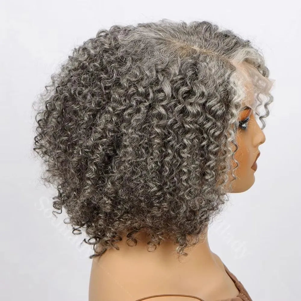 100% Human Hair Grey - Salt And Pepper Lace Front Deep Wave Wig - 12" Curly Bob