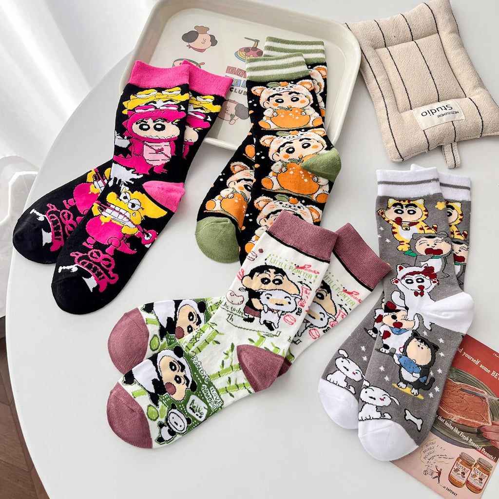 4 Pack Cotton Crayon Shin-Chan & Little Bear Socks - Mid Length Cotton Socks