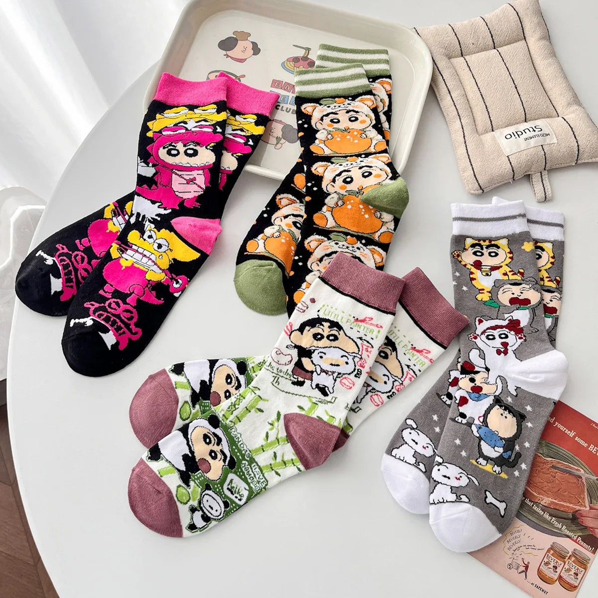 4 Pack Cotton Crayon Shin-Chan & Little Bear Socks - Mid Length Cotton Socks