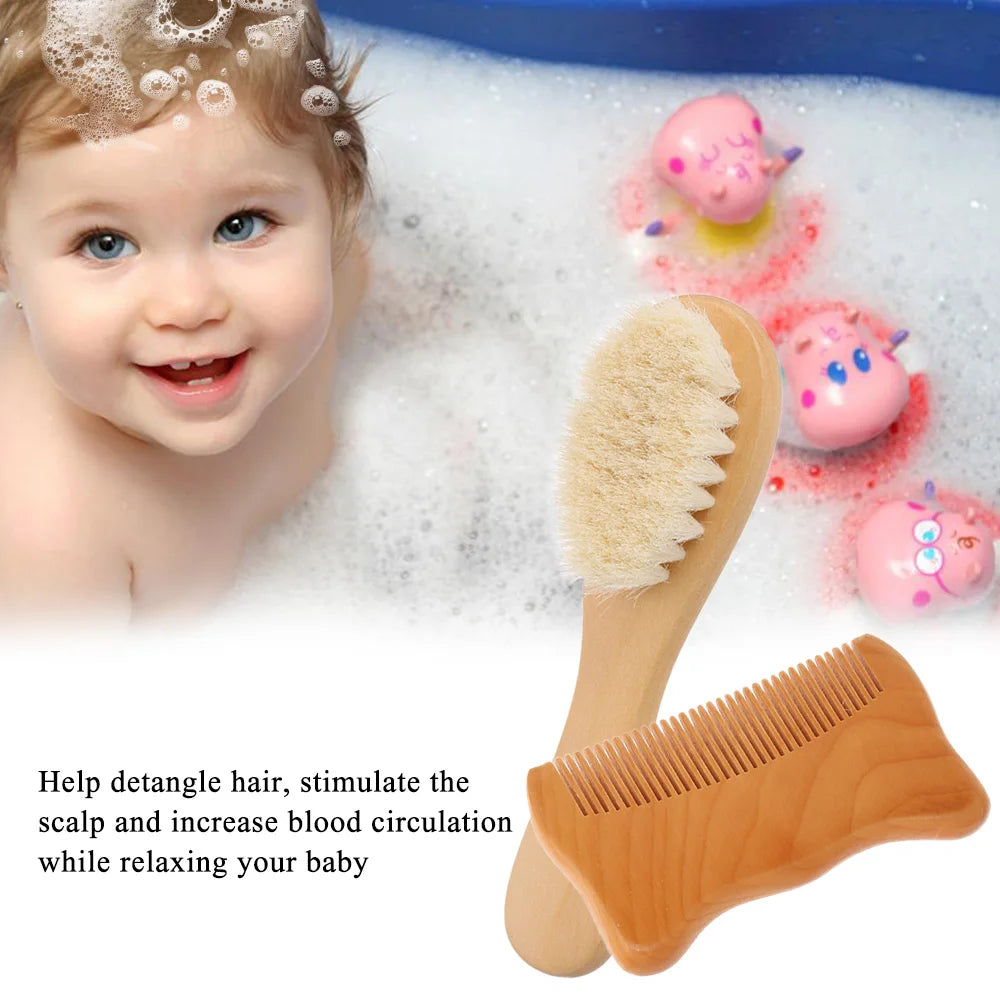 Baby Wooden Hair Brush Comb - Natural Wool