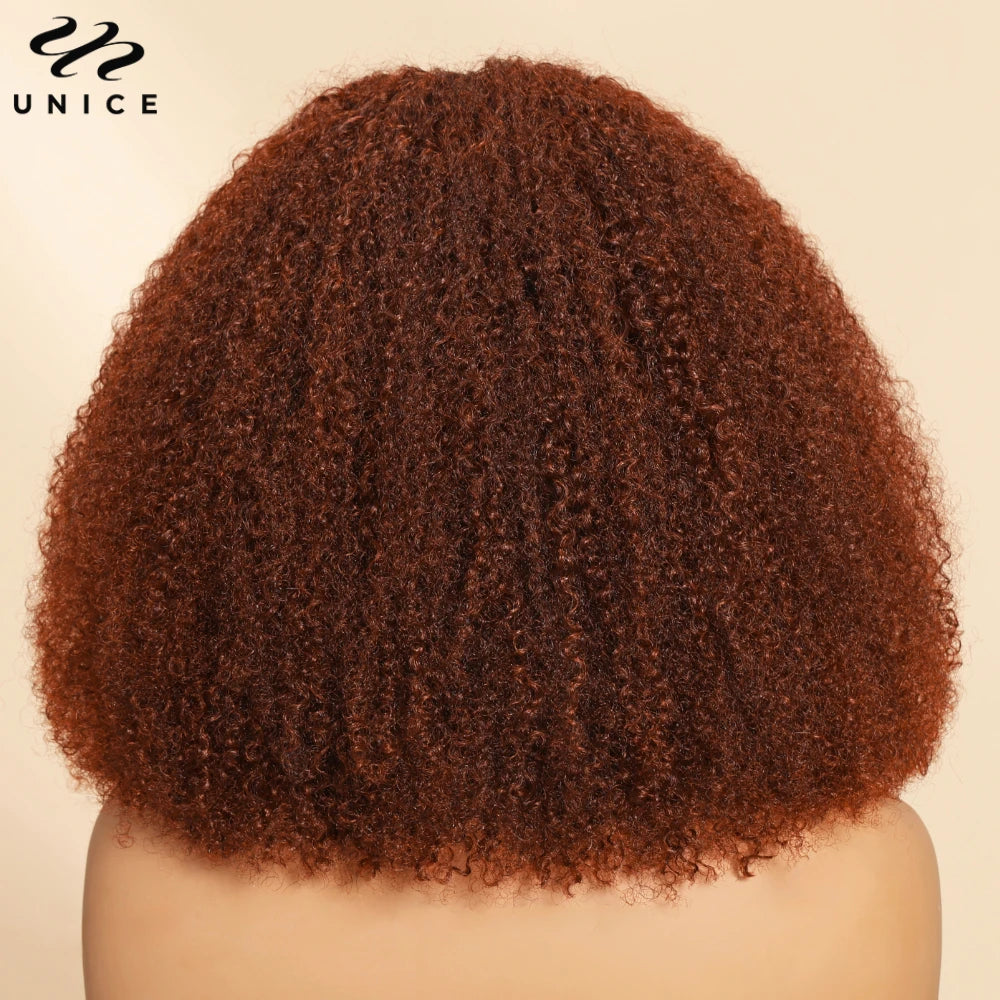 16" Reddish Brown Human Hair Wig - Glueless Wig Afro Kinky Curly Wig