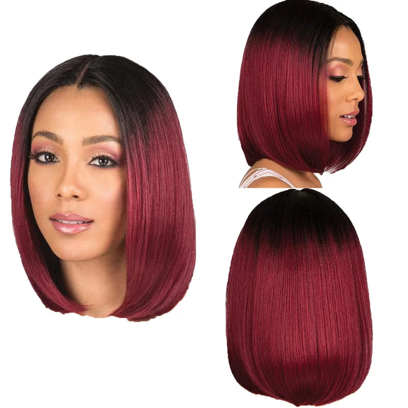 Synthetic Hair Extensions Wine Red Wigs- Medium Long Straight Center Part