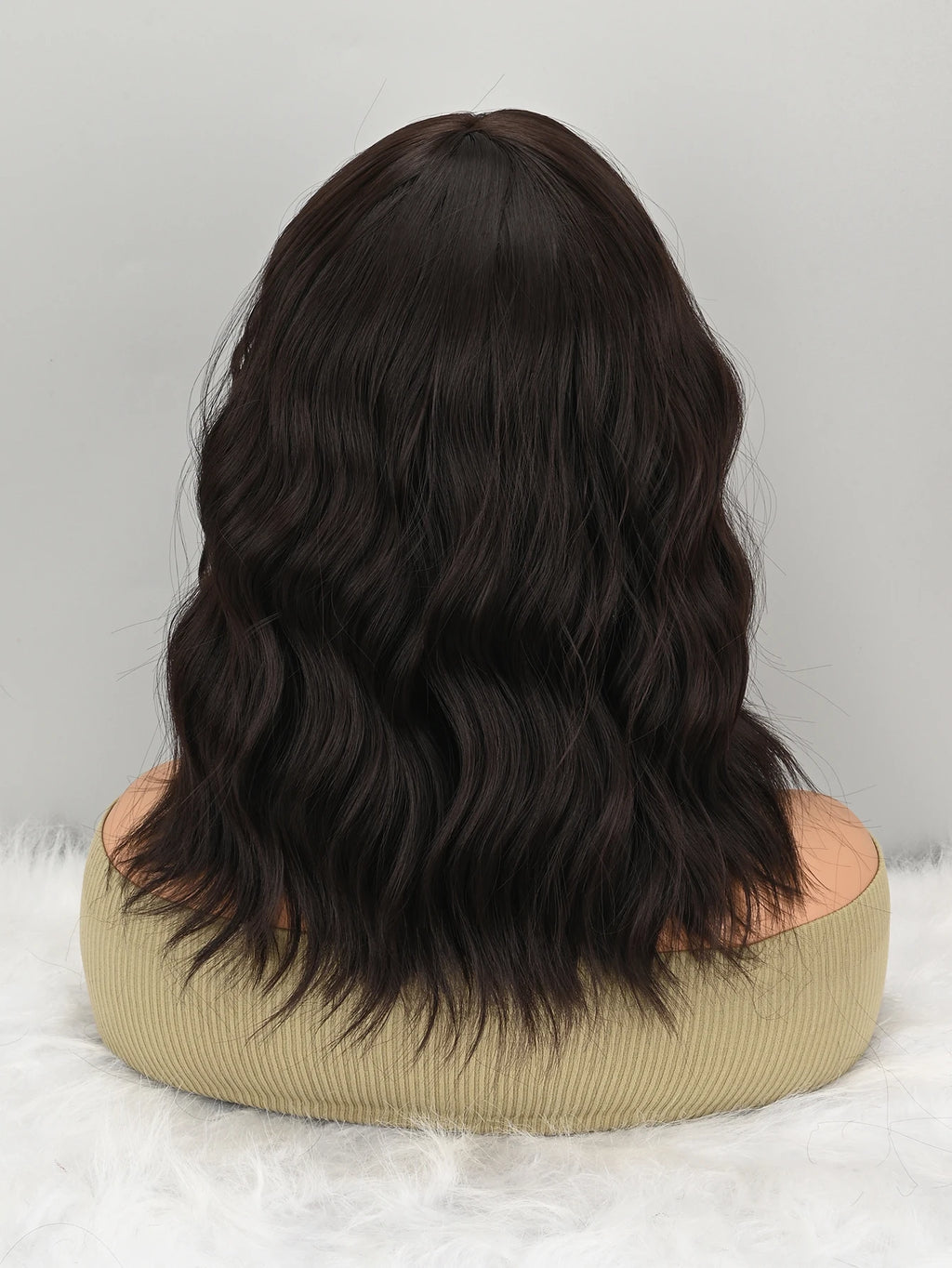 Natural Brown Synthetic Curly Wavy Bob Wig with Bangs