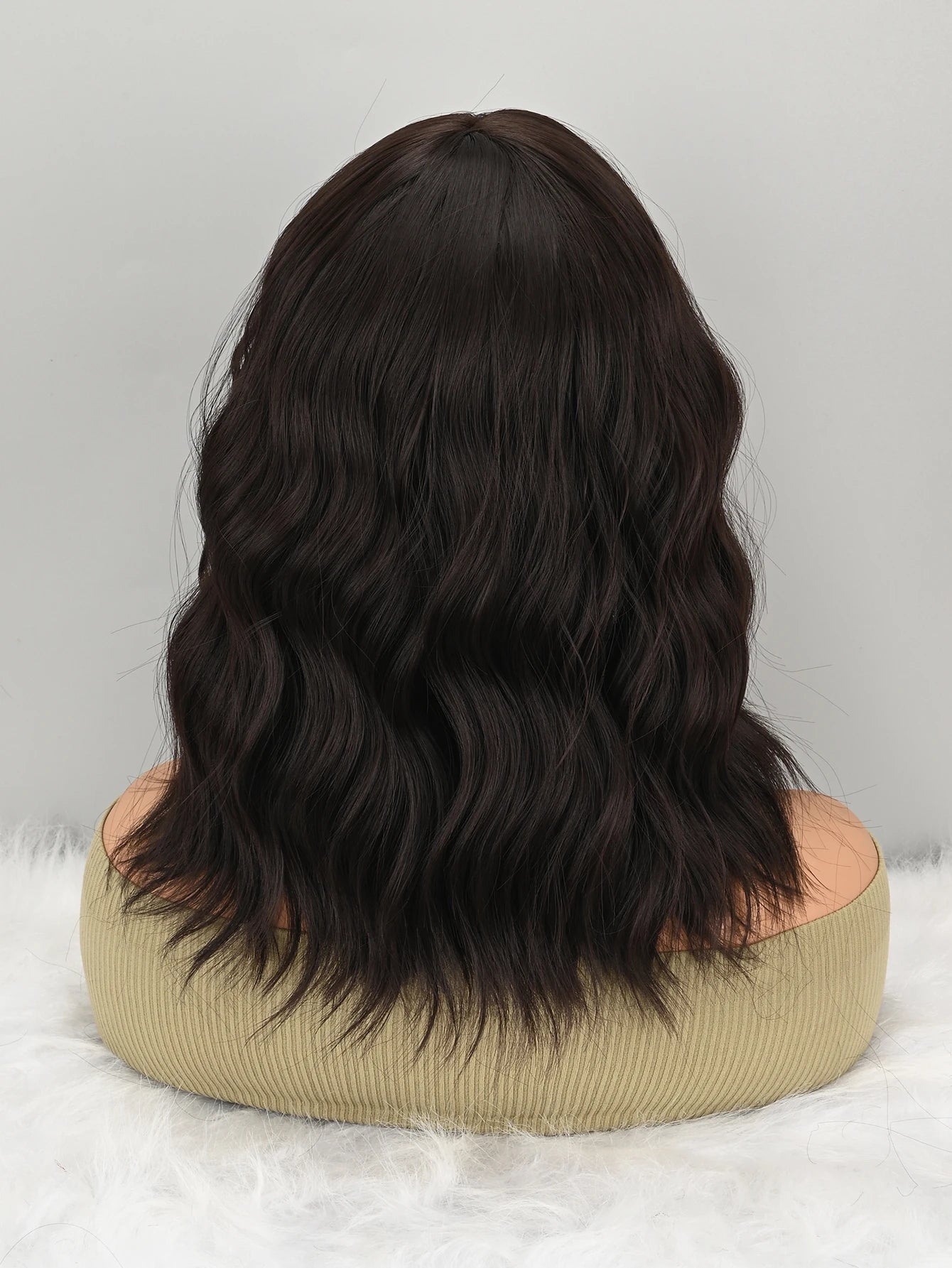 Natural Brown Synthetic Curly Wavy Bob Wig with Bangs