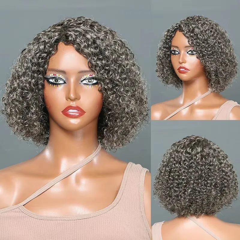 100% Human Hair Grey - Salt And Pepper Lace Front Deep Wave Wig - 12" Curly Bob