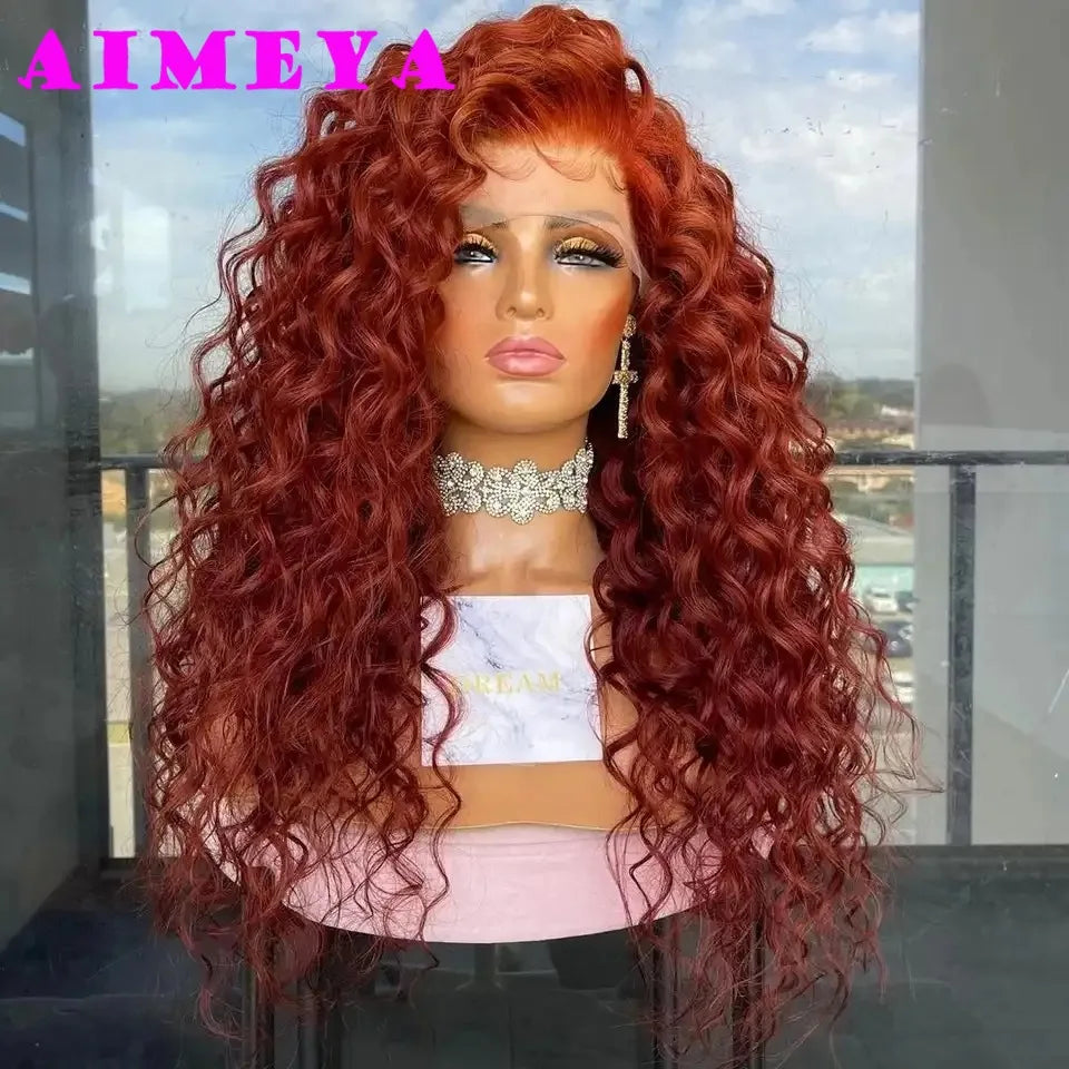 Copper Red Synthetic Lace Front Curly Wig - Long Deep Wave