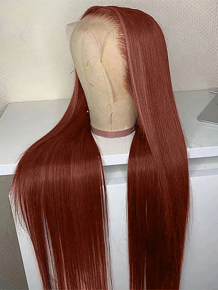 32" Reddish Brown Bone Straight Human Hair Lace Front Wig - Brazilian