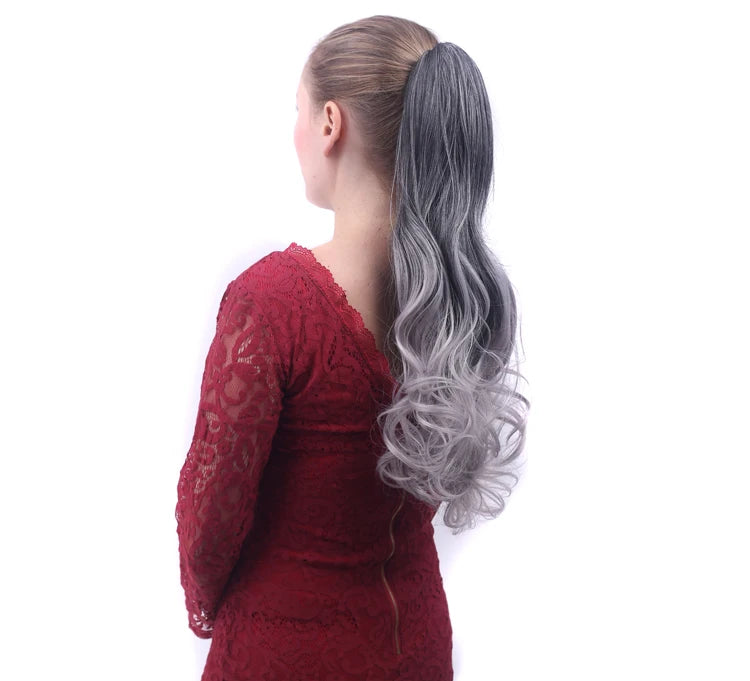 Ombre Grey Long Wavy Curly Drawstring Ponytail