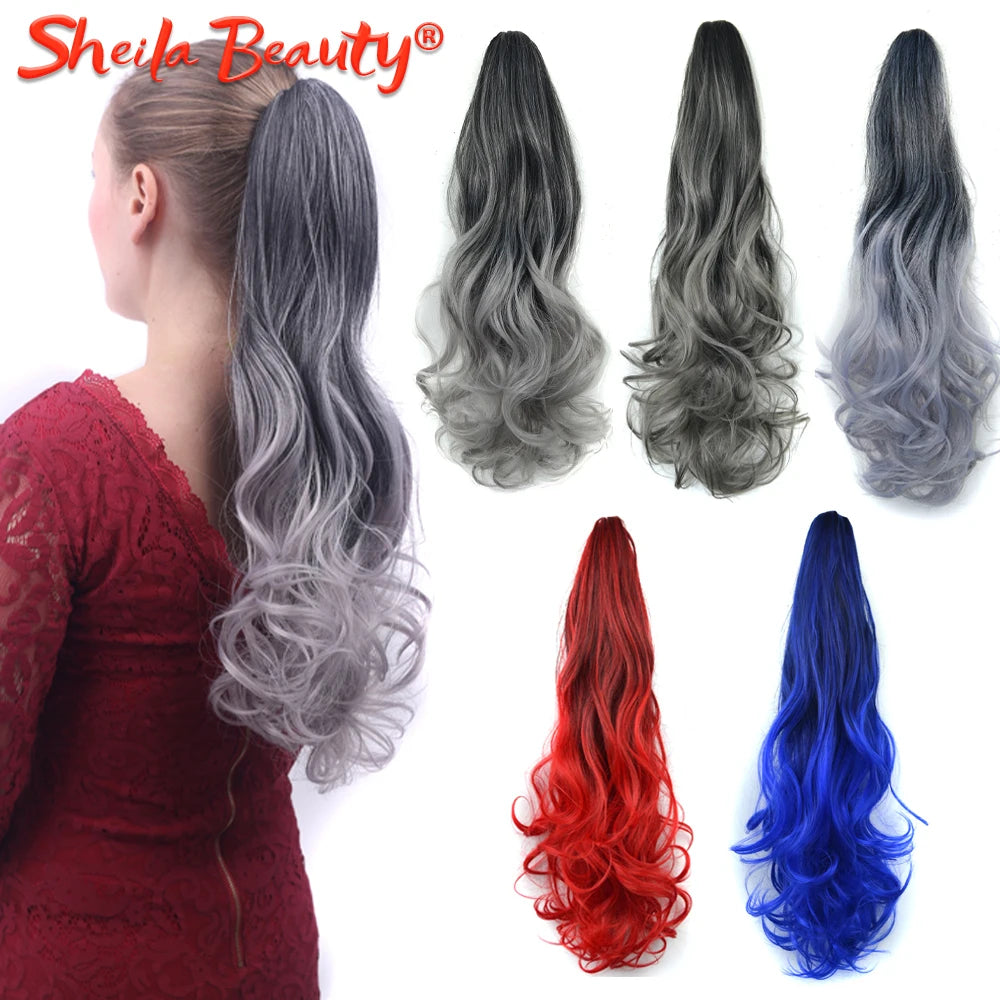 Ombre Grey Long Wavy Curly Drawstring Ponytail