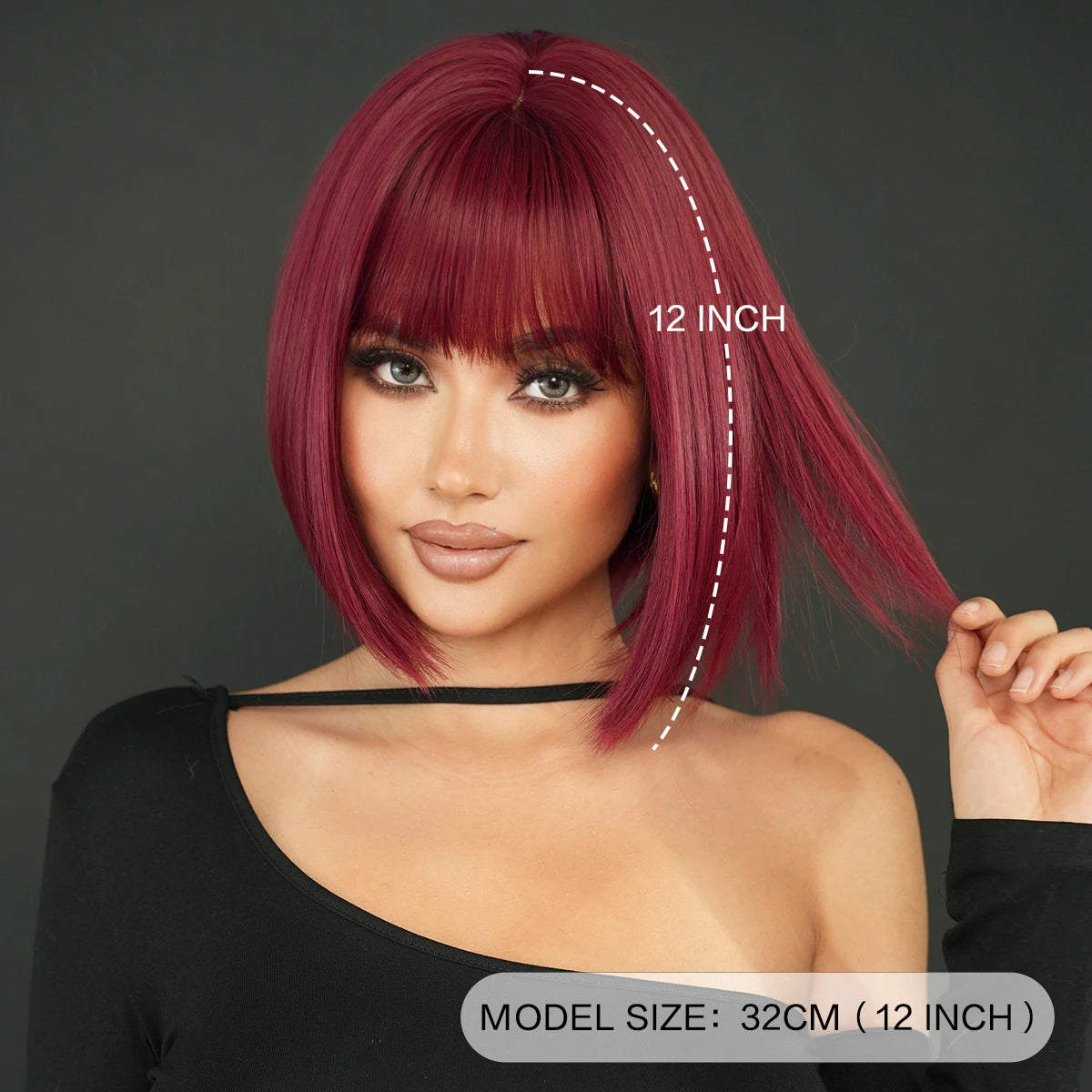 Short Bob Straight Wig with Bangs 12in Short Natural Red Yaki Wig Synthetic Heat Resistant Burgundy Red Hair