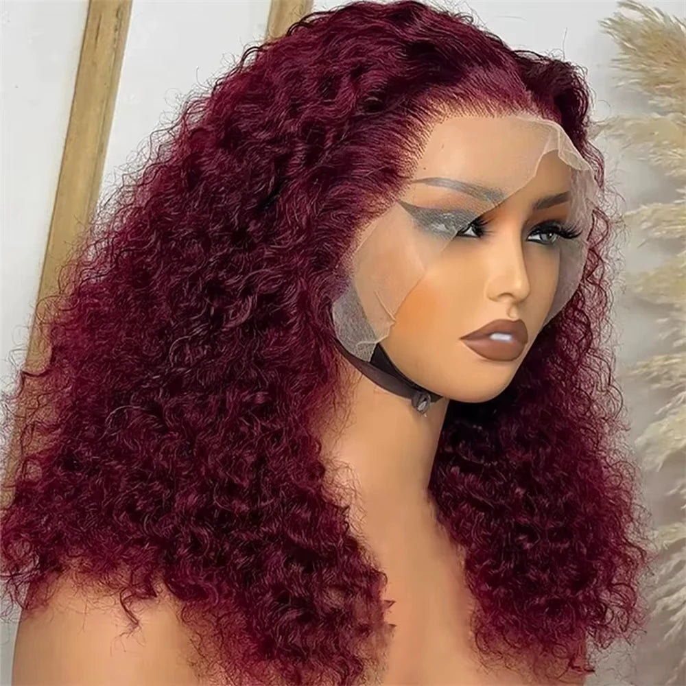 13x4 Lace Frontal Wig Short Bob Kinky Curly Wig Brazilian 99J Deep Water Wave Bob Burgundy Lace Front Wigs Bob 100% Human Hair