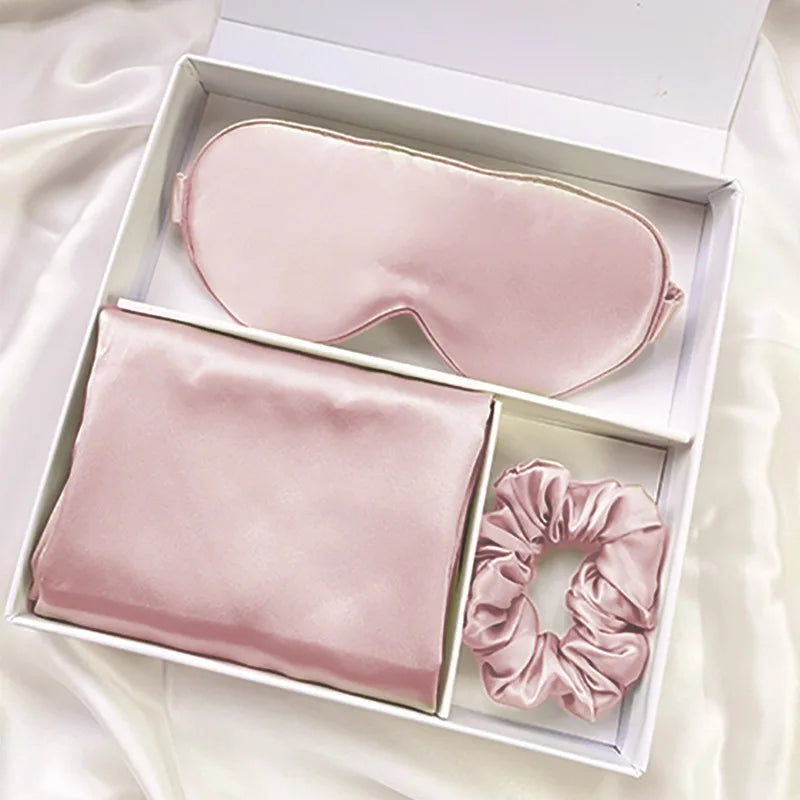 100% Mulberry Silk Sleep Set for Hair and Skin - Breathable Smooth Silk Pillowcase Eye Mask Headband and Scrunchies with Gift Box