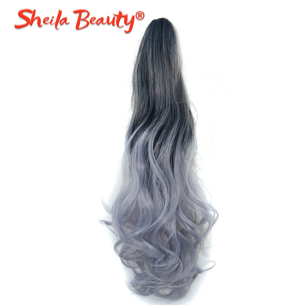 Ombre Grey Long Wavy Curly Drawstring Ponytail