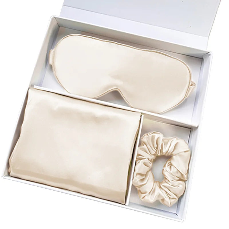100% Mulberry Silk Sleep Set for Hair and Skin - Breathable Smooth Silk Pillowcase Eye Mask Headband and Scrunchies with Gift Box
