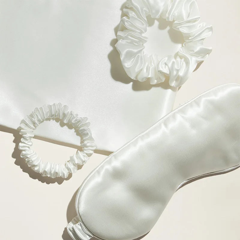 100% Mulberry Silk Sleep Set for Hair and Skin - Breathable Smooth Silk Pillowcase Eye Mask Headband and Scrunchies with Gift Box