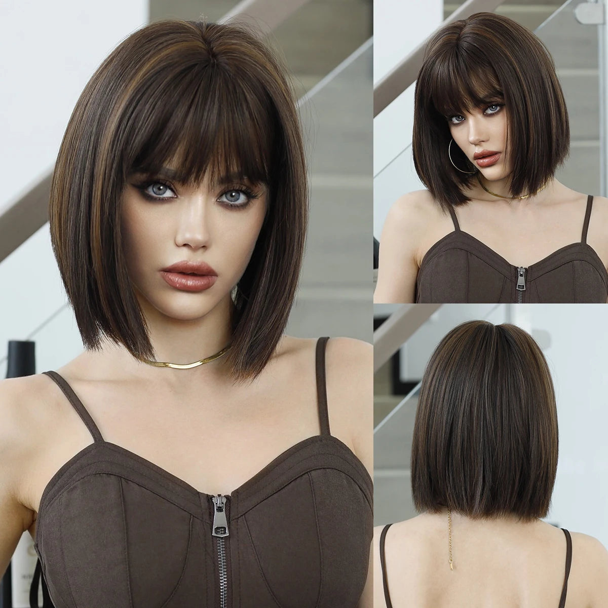 Short Bob Straight Wig with Bangs 12in Short Natural Red Yaki Wig Synthetic Heat Resistant Burgundy Red Hair