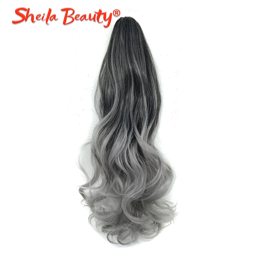 Ombre Grey Long Wavy Curly Drawstring Ponytail