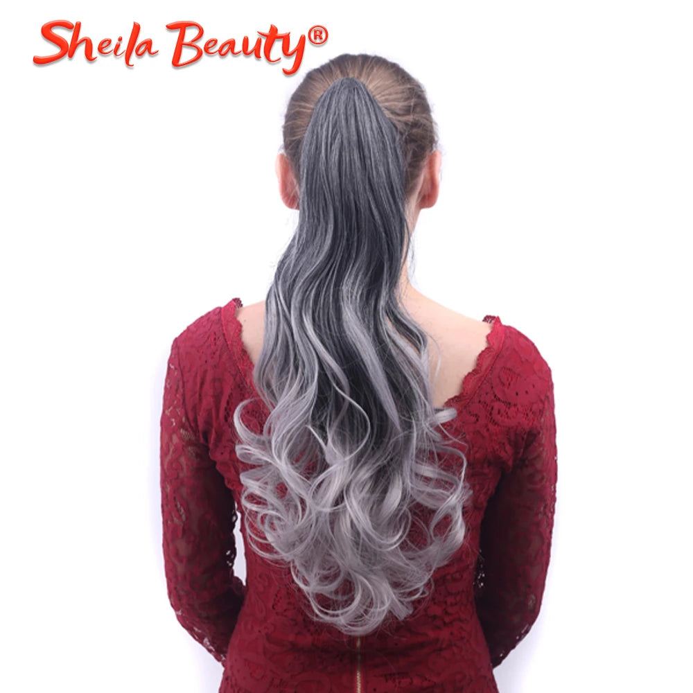 Ombre Grey Long Wavy Curly Drawstring Ponytail