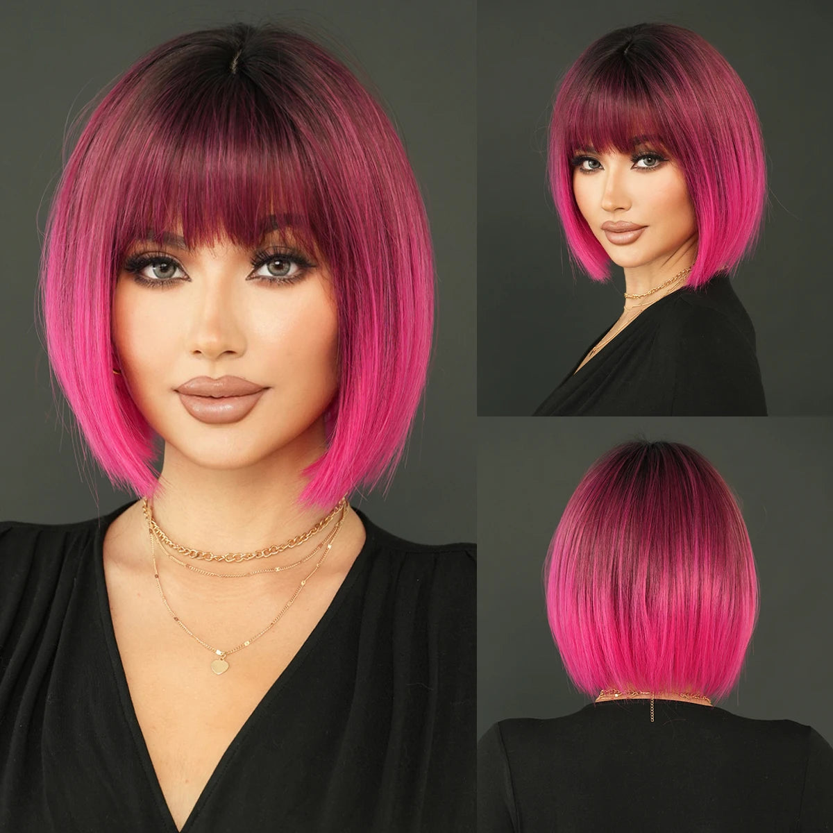 Short Bob Straight Wig with Bangs 12in Short Natural Red Yaki Wig Synthetic Heat Resistant Burgundy Red Hair