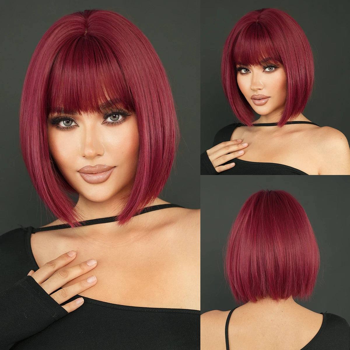 Short Bob Straight Wig with Bangs 12in Short Natural Red Yaki Wig Synthetic Heat Resistant Burgundy Red Hair