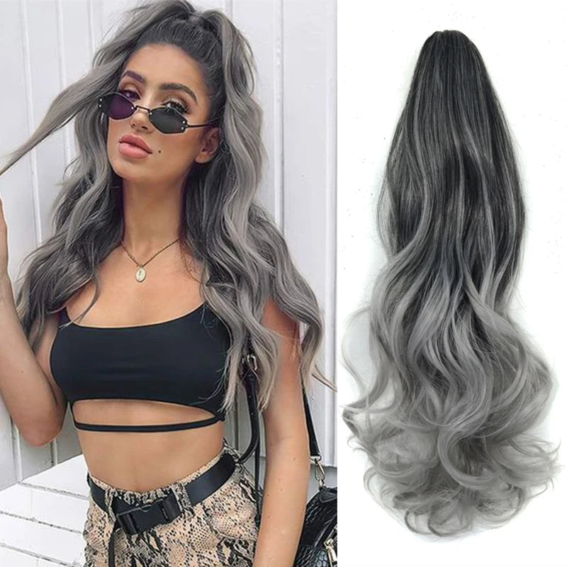 Ombre Grey Long Wavy Curly Drawstring Ponytail