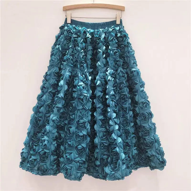Versatile Three Dimensional Flower Mid-calf High Waist Big Swing Skirt