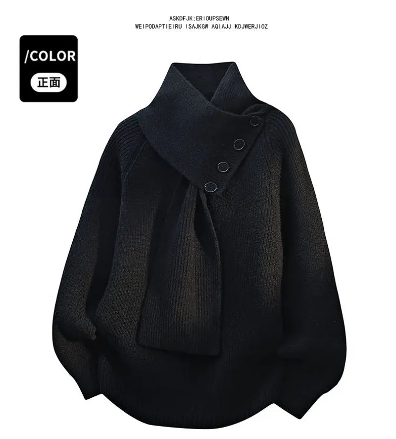 Men's Fashion Casual Scarf Design Pullover Sweater Casual with Loose Button Decor