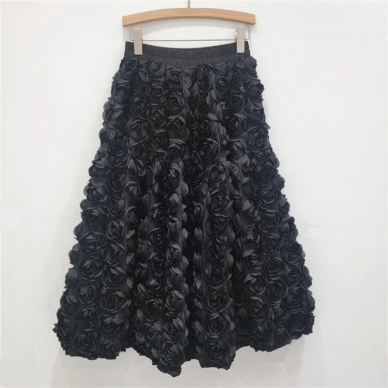 Versatile Three Dimensional Flower Mid-calf High Waist Big Swing Skirt