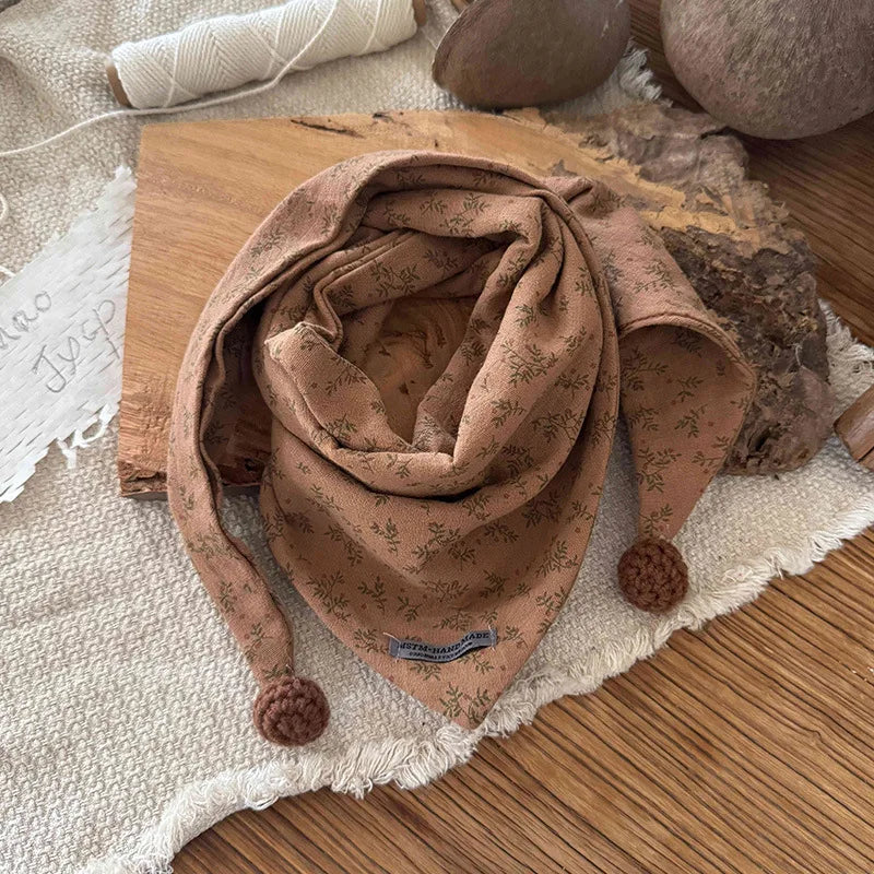 Children's Cotton Brown Floral Print Style Winter Scarf - Windproof Triangle Shawl