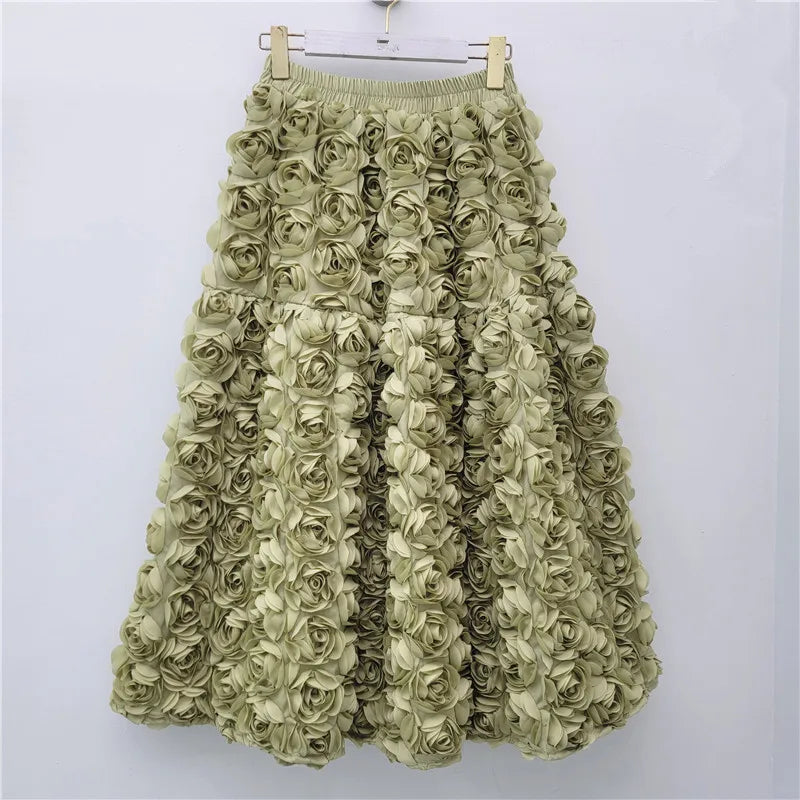 Versatile Three Dimensional Flower Mid-calf High Waist Big Swing Skirt