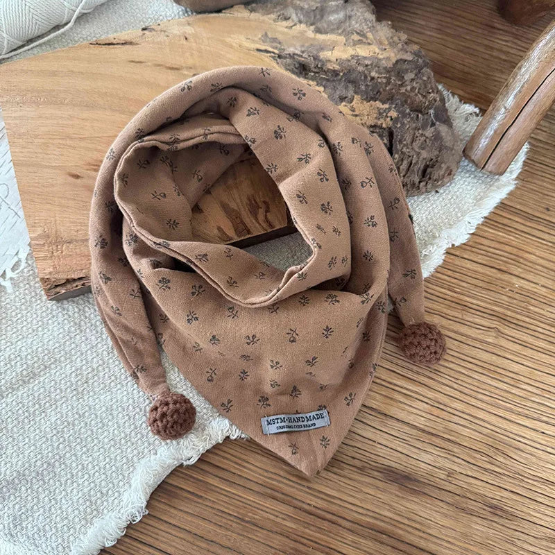 Children's Cotton Brown Floral Print Style Winter Scarf - Windproof Triangle Shawl