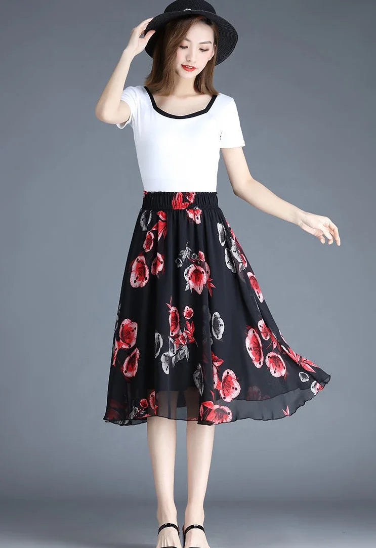 Chiffon Floral Midi Summer Luxury Elegant Casual Skirt