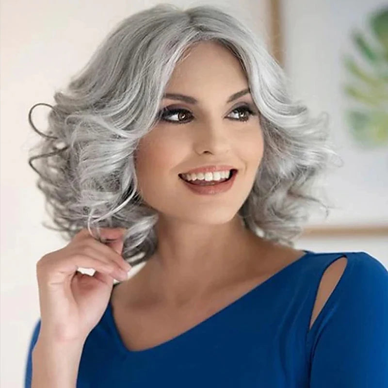 Silver Grey Short Curly Bob Synthetic Hair Wigs