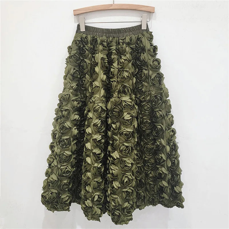 Versatile Three Dimensional Flower Mid-calf High Waist Big Swing Skirt