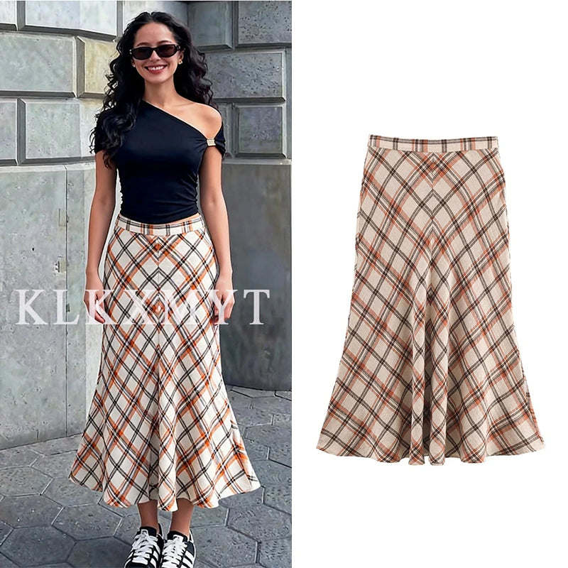 New Fashion Checkered Print Elegant High Waist Skirts