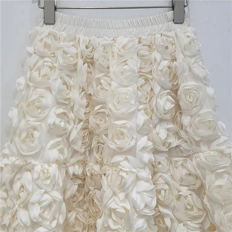 Versatile Three Dimensional Flower Mid-calf High Waist Big Swing Skirt