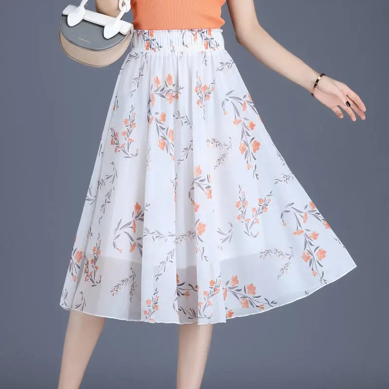 Chiffon Floral Midi Summer Luxury Elegant Casual Skirt