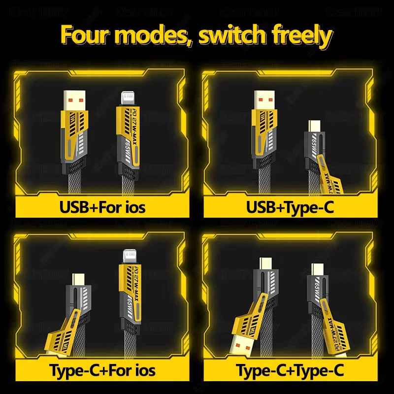 Quick Charger Spring USB Cable 4 in 1 Spring Data Cable 6A USB Type C Spring Telescopic Wire for iPhone iPad MacBook