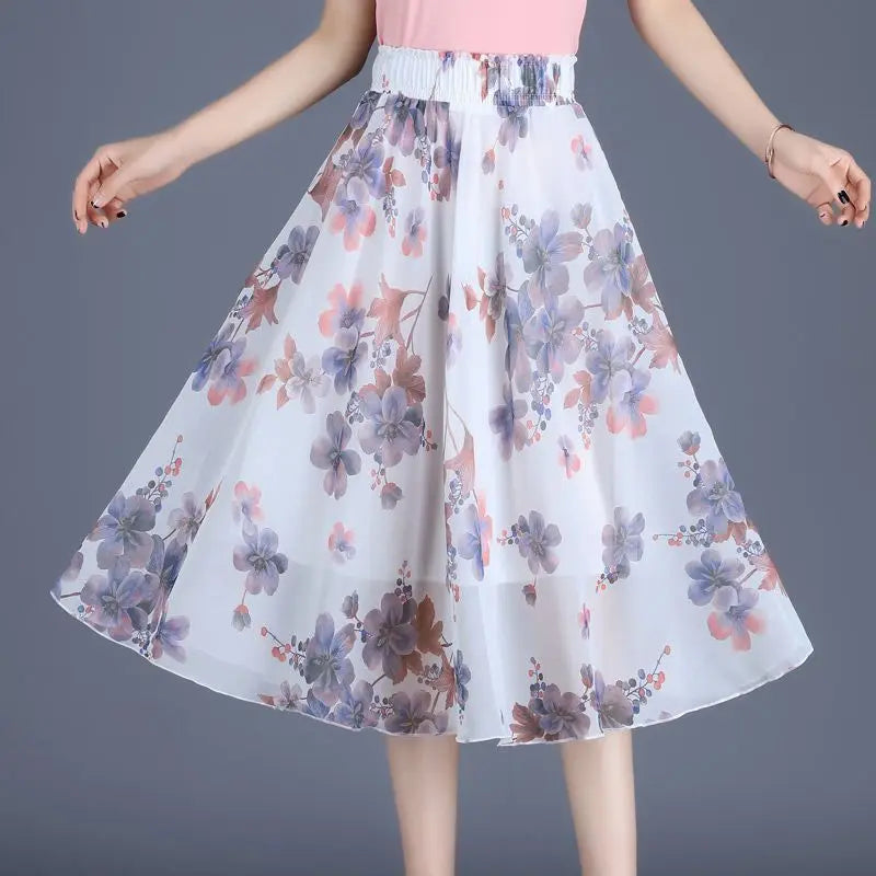 Chiffon Floral Midi Summer Luxury Elegant Casual Skirt
