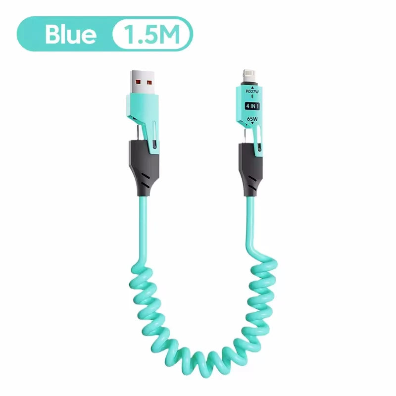 Quick Charger Spring USB Cable 4 in 1 Spring Data Cable 6A USB Type C Spring Telescopic Wire for iPhone iPad MacBook