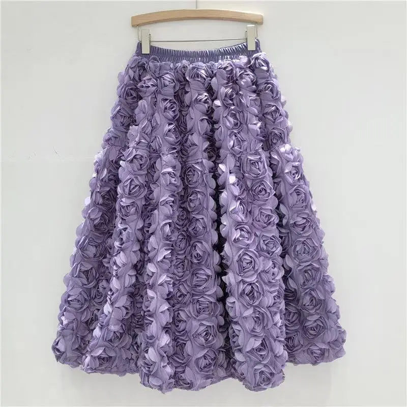 Versatile Three Dimensional Flower Mid-calf High Waist Big Swing Skirt