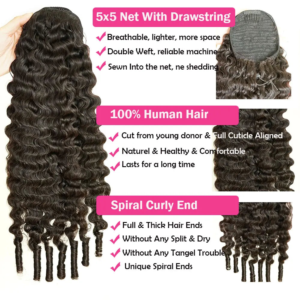 Curly Human Hair Ponytail Clip-Ins Drawstring with Spiral Curls